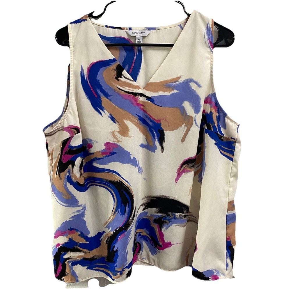 Nine West Women's White/Blue/Pink‎ Sleeveless Dress Shirt V-Neck Tank Top Sz. XL